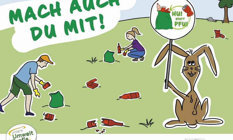 Abbildung des Hui statt Pfui Plakats mit Hase und Igel